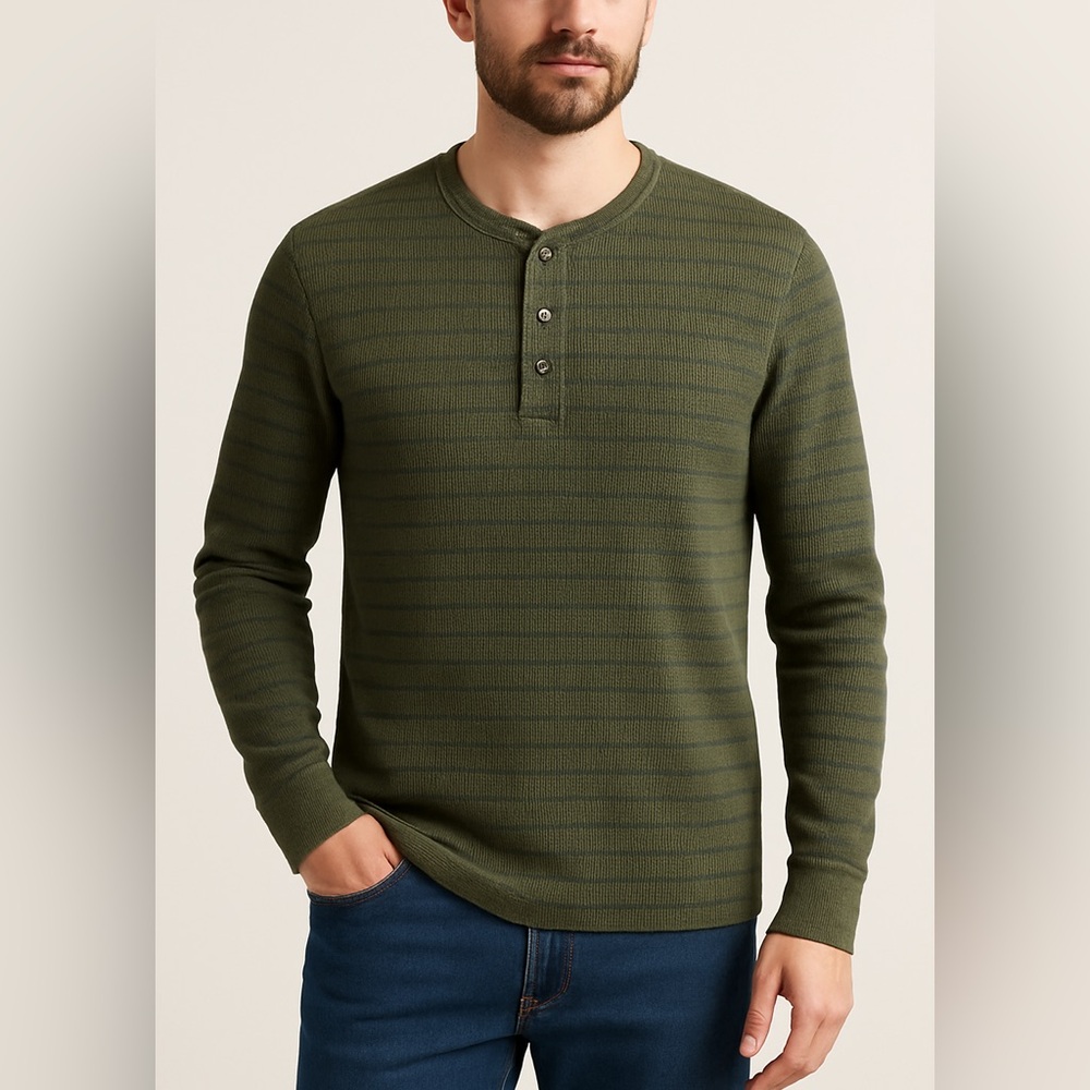 G.H. Bass & Co. Striped Waffle Knit Henley Long Sleeve Shirt Green Blue Men’s L